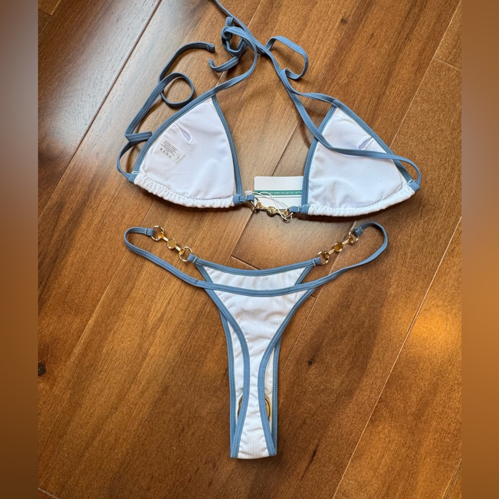 NWT TASHEHE Blue and White Ribbed Thong Bikini - Picture 10 of 16